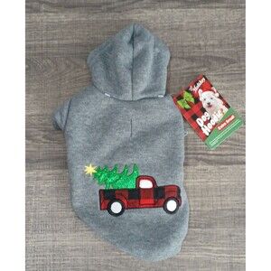 Holiday Dog Hoodie Extra Small.  Gray with Red Truck & Christmas Tree. NWT